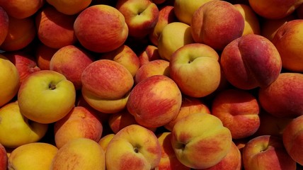 Fresh, Juicy Summer Peaches, Top View, Close Up; Backgrounds, Healthy Food, Summer Icons