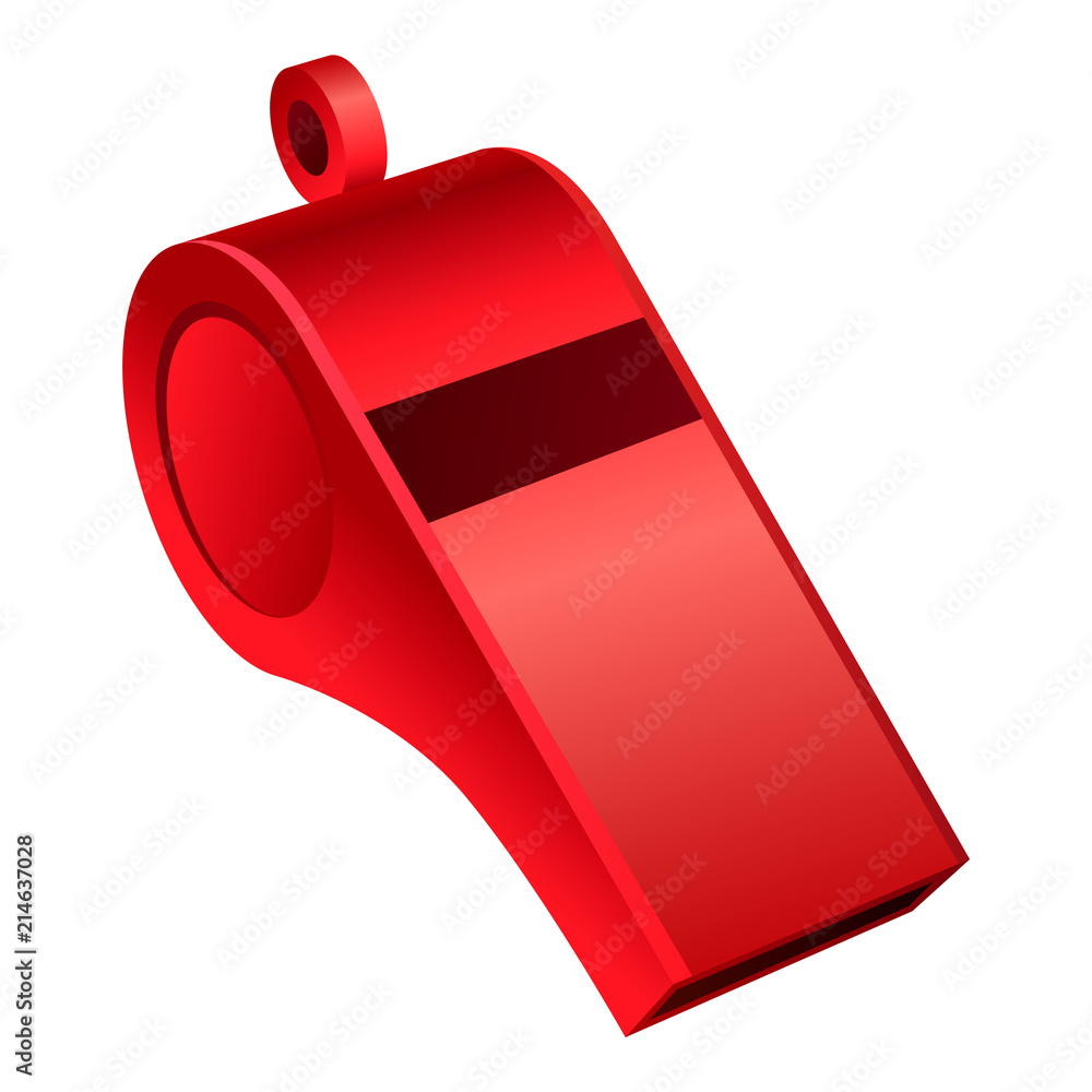 Poster red whistle mockup. realistic illustration of red whistle vector mockup for web design isolated on w
