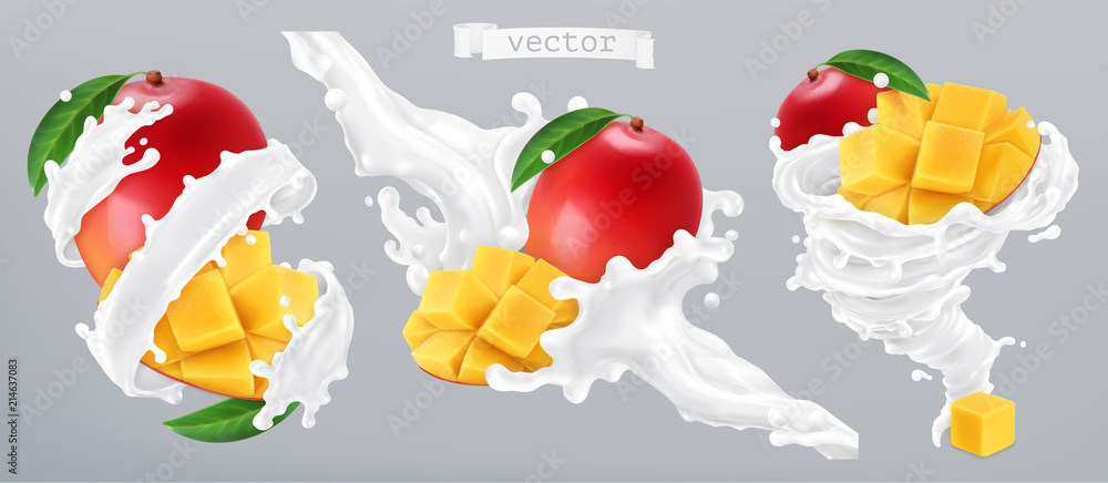 Wall mural mango and milk splash, yogurt. 3d realistic vector icon