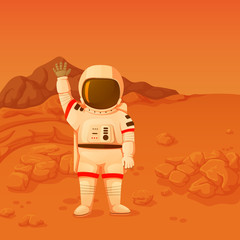 Astronaut standing on the mars surface waving hand in a welcoming gesture. © Tatiana Zhzhenova
