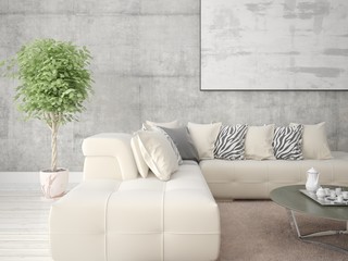 Mock up a modern living room with a large corner sofa and a trendy hipster background.