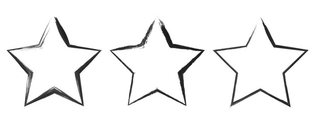 Grunge star banners, logos, icons, labels, badges, insignias, post stamps collection set of three blank shapes vector distress textures flat silhouette black watercolor or ink hand drawn.