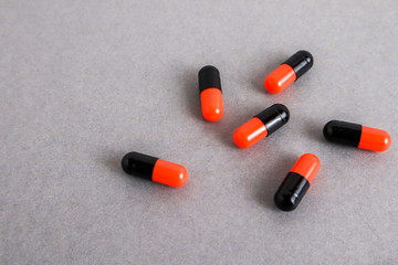 Medical equipments including drug medicines background, top view flat lay