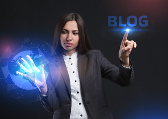 The concept of business, technology, the Internet and the network. A young entrepreneur working on a virtual screen of the future and sees the inscription: blog