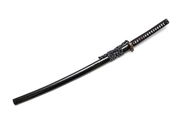 Naklejka premium Black Japanese sword and scabbard with black-white cord on scabbard isolated in white background.
