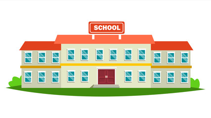 School Building Vector. Modern Education City Construction. Urban Sign. Font Yard. Isolated Flat Cartoon Illustration