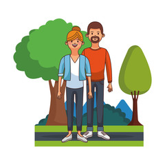 Young and cute couple at park vector illustration graphic design