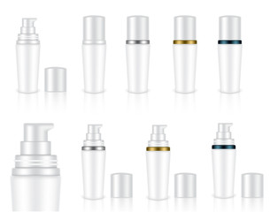 Mock up Realistic White,Gold, Metal And Blue Cosmetic Soap Gel Bottles Set Background Illustration