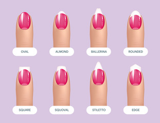 Set of simple realistic pink manicured nails with different shapes. Vector illustration for your graphic design.