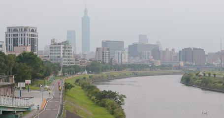 Taipei city river side under air pollution