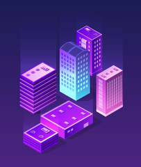 Isometric ultraviolet city of violet colors 3d building modern town street, urban road architecture. Vector illustration map of isometry for the business design concept.