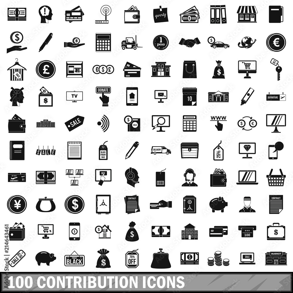 Poster 100 contribution icons set in simple style for any design vector illustration