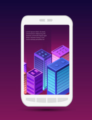 Isometric icon of a city with houses streets of skyscrapers. Vector illustration for web design.