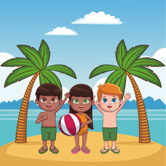 Cute kids having fun at beach cartoons vector illustration graphic design