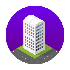 Isometric icon of a city with houses streets of skyscrapers. Vector illustration for web design.