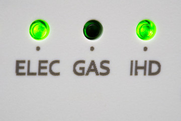 Smart meter green LED lights for electricity, gas, Winter fuel payments and in home display.