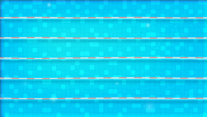 Paths for dip in the pool, top view. Texture of water in swimming pool, flat lay view. Reflexion on the water surface. Blue ripped water in Olympic sport object. Vector template for events, cover