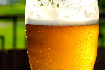 Beer in a glass glass glass, bubbles rise. On the background of green foliage glass with Golden drops.