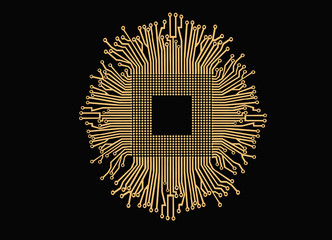 Golden electronics circuit and CPU isolated on black background