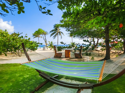 The sitting area with hammock at sunny day on beach in Haiti