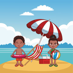 Cute kids having fun at beach cartoons vector illustration graphic design