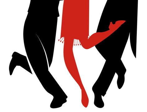 Legs of three people wearing retro dresses dancing Charleston on white background