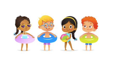 Pool party characters. Multiracial boys and girls wearing swimming suits and rings have fun in pool. African-American Girl standing with ball. Cartoon characters. Vector isolated.