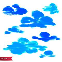 Vector set of hand drawing clouds in watercolor style, bright blue artistic illustration, isolated elements, hand drawn illustration.