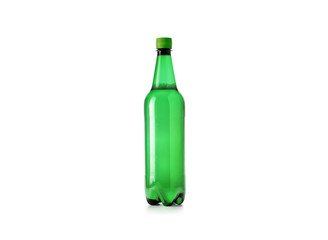 Green plastic beer bottle isolated on white background