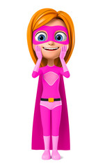 Girl in a superhero costume is happy on a white background. 3d rendering.