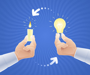 Interchange or replacement of an old idea for a new one. Vector illustration on the subject of 'Creativeness / Innovations'.