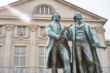 Famous sculpture of Goethe and Schiller in the city of Weimar in Germany / Most famous classical...