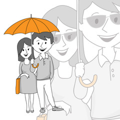 A couple of middle-aged under an umbrella