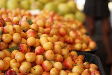 Fresh sweet cherries known as Ranier cherries at a farmer's market.