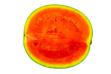 Half of a fresh and ripe watermelon isolated on white background. Top view.