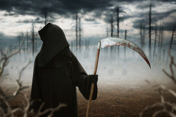 Death with a scythe in the dark misty forest