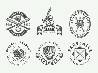 Vintage baseball sport logos, emblems, badges, marks, labels. Monochrome Graphic Art. Illustration.