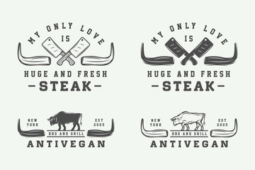 Set of vintage butchery meat, steak or bbq logos, emblems, badges, labels. Graphic Art. Illustration.