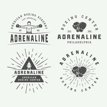 Set of vintage boxing and martial arts logo badges and labels in retro style. Monochrome graphic Art. Vector Illustration