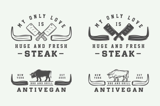 Set of vintage butchery meat, steak or bbq logos, emblems, badges, labels. Graphic Art. Illustration.