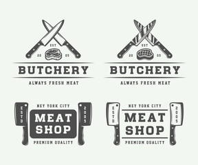 Set of vintage butchery meat, steak or bbq logos, emblems, badges, labels. Graphic Art. Illustration.