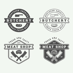 Set of vintage butchery meat, steak or bbq logos, emblems, badges, labels. Graphic Art. Illustration.