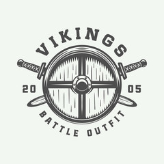 Vintage vikings motivational logo, label, emblem, badge in retro style with quote. Monochrome Graphic Art. Vector Illustration.