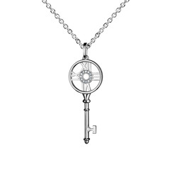 Jewelry golden pendant with diamonds, key with watch marks, golden chain, white gold, isolated on...