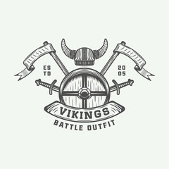 Vintage vikings motivational logo, label, emblem, badge in retro style with quote. Monochrome Graphic Art. Illustration.