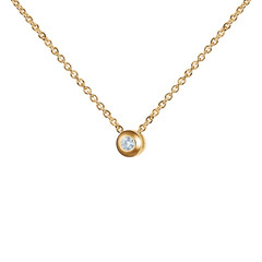 Yellow gold pendant with huge diamond, round shape, golden chain, isolated on white