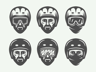 Set of vintage snowboarding, ski or winter head logos, badges, emblems and design elements. Vector illustration. Monochrome Graphic Art.