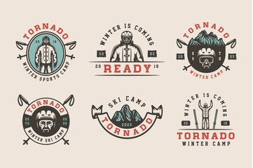 Set of vintage snowboarding, ski or winter sports logos, badges, emblems and design elements. illustration. Monochrome Graphic Art.