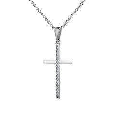 White gold cross, pendant with diamonds, golden chain, isolated on white	