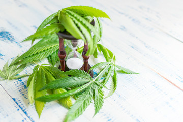 Marijuana and time. Leaves of marijuana and an hourglass on a wooden background.